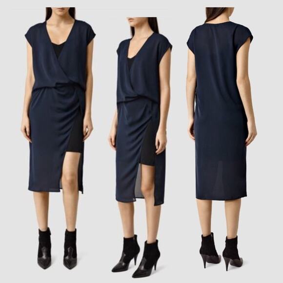All Saint Kelso Draped Midi Dress Navy 6 - Picture 1 of 7